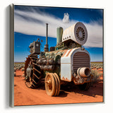 Framed canvas of a vintage poster featuring a black landscape with colorful industrial equipment, ideal for office decor.