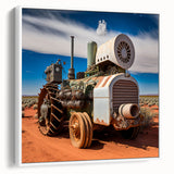 Vintage poster art of colorful heavy equipment on a black background, framed canvas, suited for extra large living room wall.