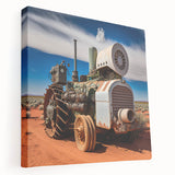 Large art print on stretched canvas featuring a detailed illustration of heavy construction equipment in muted earth tones.