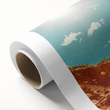 Art deco poster of vintage vehicles in muted earth tones on rolled canvas, ideal for nursery wall art.