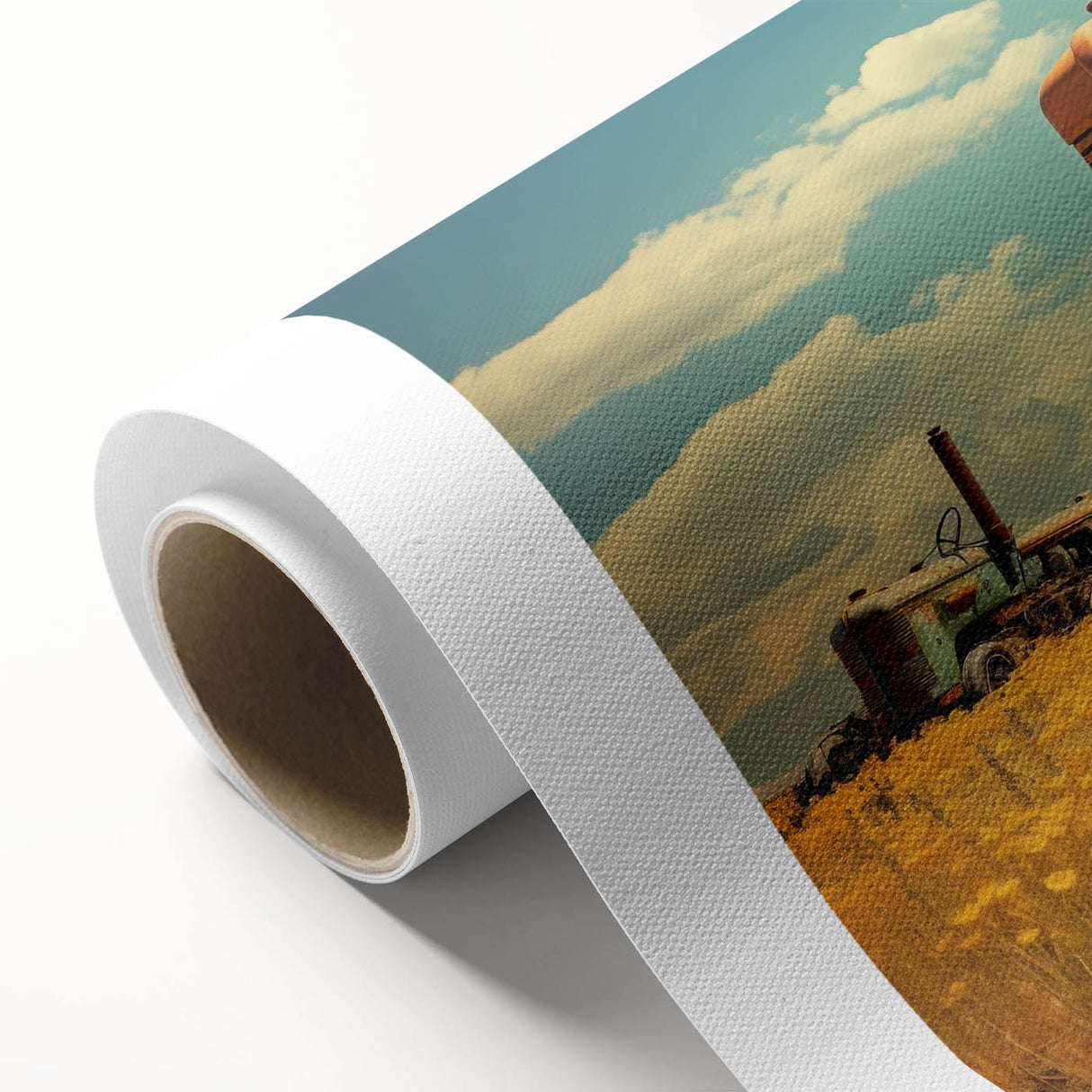 Art deco style poster of vintage vehicles in muted earth tones on rolled canvas, ideal for nursery wall art.