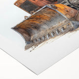 Art deco poster depicting a vintage airplane in muted silver and blue tones on rolled canvas, ideal for dining room wall art.