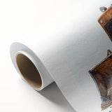 Art deco poster of a vintage car in muted beige and brown tones on rolled canvas, suitable for nursery wall art.