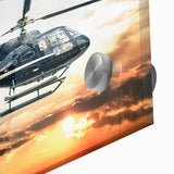 Mid-century modernist helicopter design in muted earth tones on large acrylic glass, ideal for dining room art.