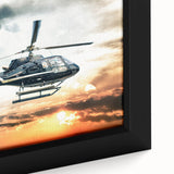 Extra large black wall art featuring a colorful, textured helicopter design on a framed canvas, ideal for living room decor.