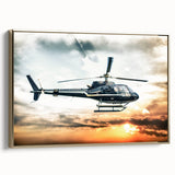 Framed canvas depicting a vintage-style helicopter in black and gold tones, ideal for bedroom wall art.