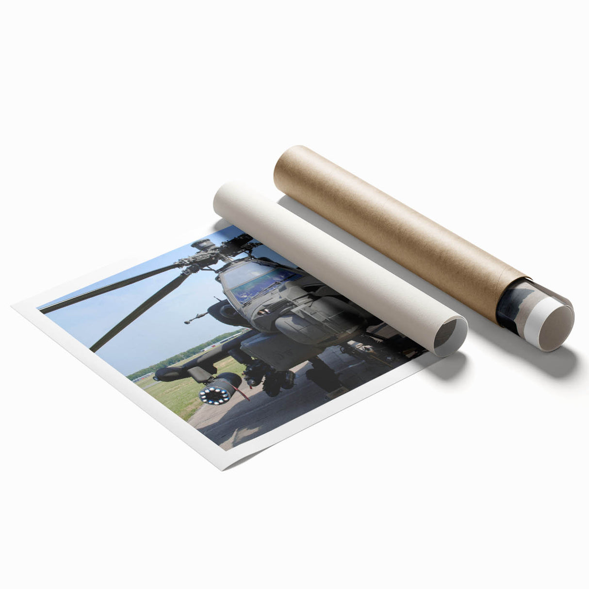 Extra large rolled print featuring a detailed helicopter illustration on a muted gray background.