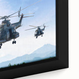Extra large framed canvas featuring a textured black helicopter on a colorful abstract background.