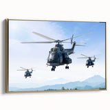 Framed canvas depicting a vintage helicopter in black and gold, suitable as wall art for a bedroom.