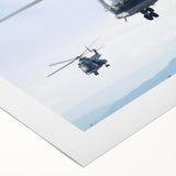 Art deco poster of a vintage helicopter in monochrome tones on rolled canvas, suitable for dining room or bathroom wall art.