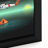 Extra large framed canvas featuring a textured black helicopter design with colorful accents, ideal for living room decor.