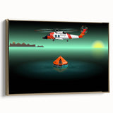 Framed canvas depicting a vintage black helicopter on a muted landscape background, suitable for bedroom wall art.