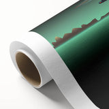 Art deco poster of a vintage helicopter in muted gold and brown tones on rolled canvas.