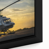 Extra large framed canvas featuring a textured, colorful art depiction of a helicopter on a black background.