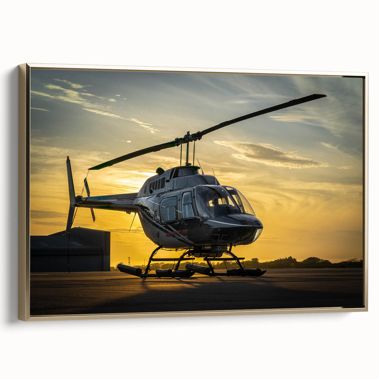 Black and white framed canvas depicting a vintage helicopter side view, suitable for bedroom wall art.