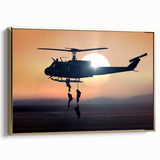 Framed canvas featuring a black and gold vintage helicopter design, ideal for bedroom wall art.