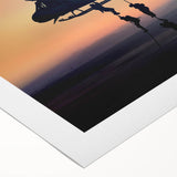 Art deco poster of a vintage helicopter in muted gold and navy hues on rolled canvas, suitable for dining room decor.