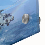Mid-century modernist helicopter design in muted gray and blue tones on large acrylic glass, ideal for dining room art.