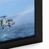 Black and white vintage poster art of a helicopter, framed canvas, ideal for bedroom wall decor.