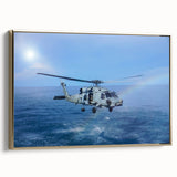 Framed canvas featuring a vintage helicopter design in black with colorful accents, ideal for a home office.