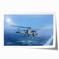 Rolled print of a helicopter in flight, depicted in grayscale, suitable as art wall for dining rooms.
