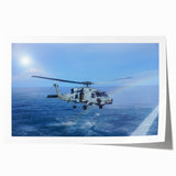 Rolled print of a helicopter in flight, depicted in grayscale, suitable as art wall for dining rooms.