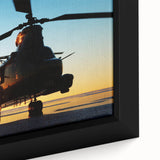 Black and white framed canvas of a helicopter in flight, suited for bedroom wall decor.