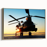 Framed canvas featuring a vintage poster of a helicopter, with black and gold tones, ideal for bedroom wall art.
