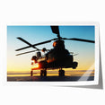 Rolled print of a helicopter in flight against a clear sky, ideal for art wall in dining room.