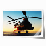 Rolled print of a helicopter in flight against a clear sky, ideal for art wall in dining room.