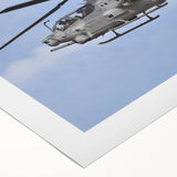 Art deco style helicopter illustration in muted gray and blue tones on rolled canvas, ideal for nursery wall art.