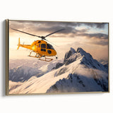 Side view of a vintage helicopter on framed canvas in black and gold, ideal for bedroom wall decor.