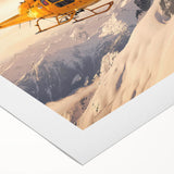 Art deco poster featuring a stylized helicopter in muted silver and blue tones on rolled canvas.