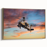 Side view of a vintage helicopter in black on a gold framed canvas, ideal for bedroom wall decor.