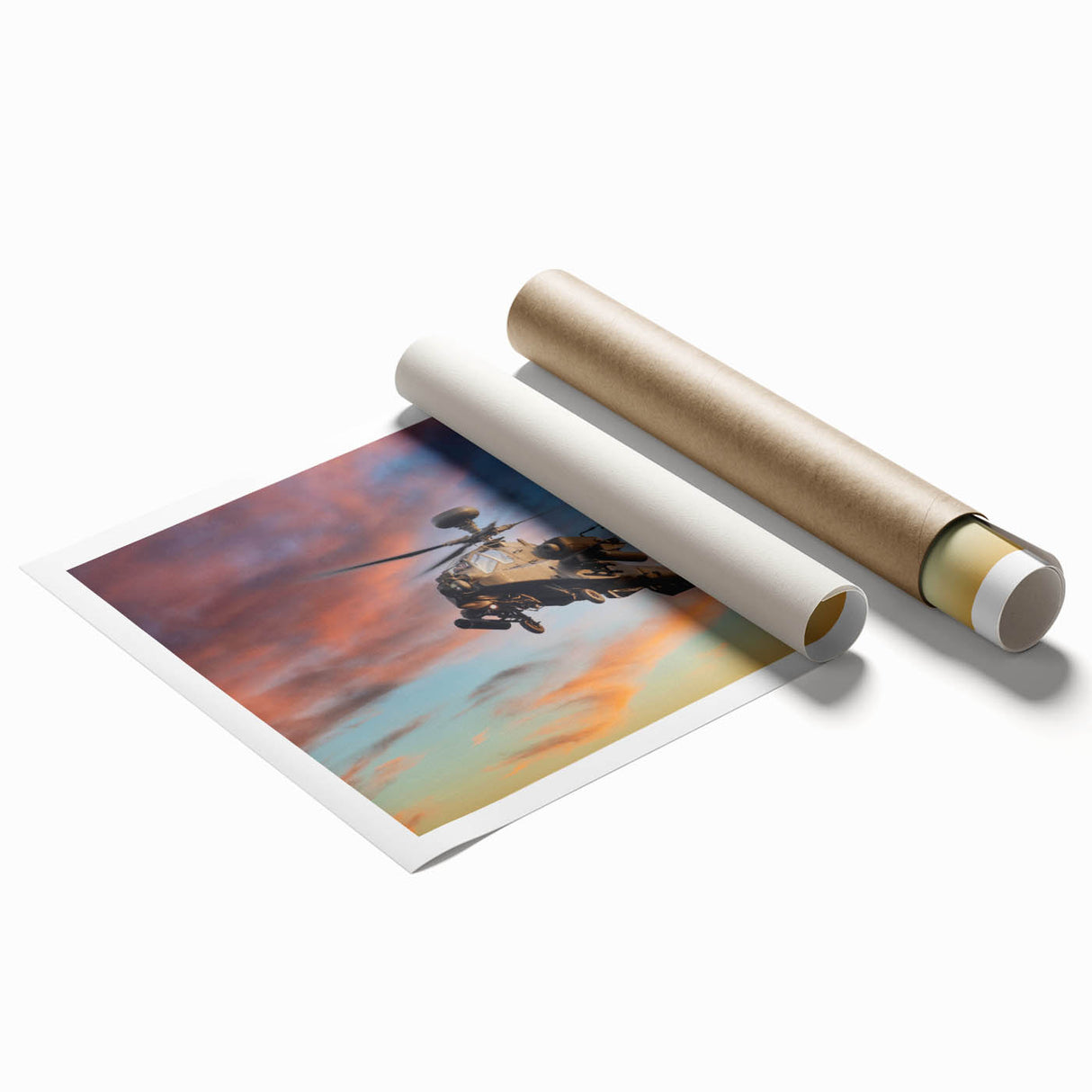 Extra large rolled print of a helicopter in muted gray and blue tones, ideal for modern bathroom decor.