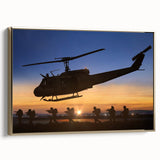 Framed canvas featuring a side view of a vintage helicopter in black with colorful accents.