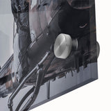 Mid-century modernist style large abstract wall art of a helicopter on acrylic glass, in muted gray and blue tones.