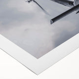 Art deco poster of a vintage helicopter in muted gray and blue tones on rolled canvas, suitable for dining room decor.