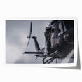 Helicopter in flight depicted in grayscale on a rolled print, suitable as art wall dining room decor.