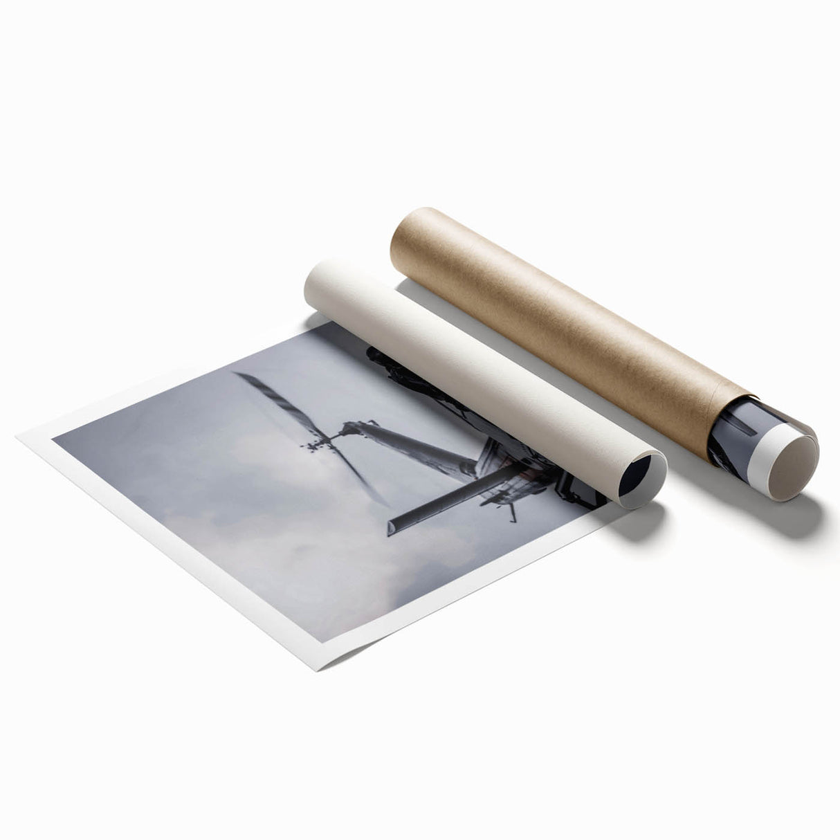 Extra large rolled print depicting a helicopter in muted gray tones, suitable for large living room wall art.