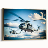 Framed canvas depicting a vintage helicopter in black and gold tones, ideal for bedroom wall art.