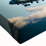 Black and white helicopter landscape art on stretched canvas, ideal for bedroom wall decor.