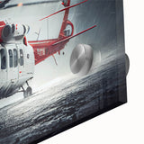 Large abstract wall art featuring a helicopter design in muted gray and blue tones on acrylic glass.