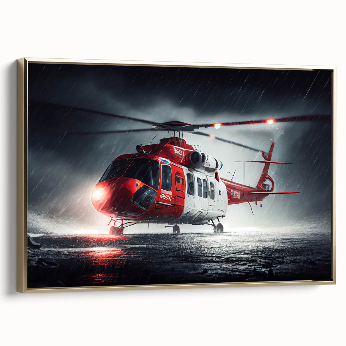 Side view of a black helicopter on a gold framed canvas, ideal for bedroom wall decor with a vintage poster art style.