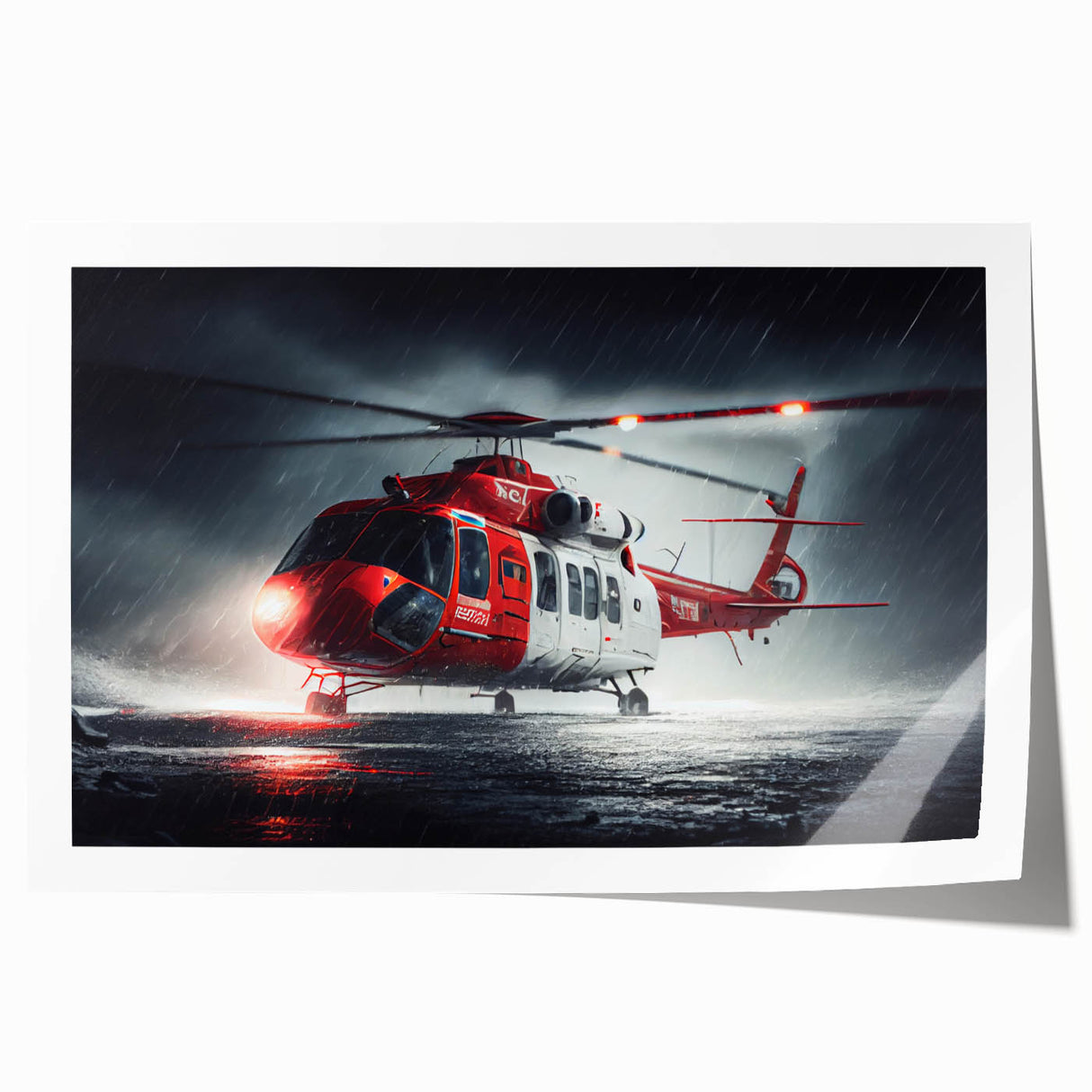 Rolled print of a helicopter in grayscale, suitable for art wall dining room or large bathroom space.