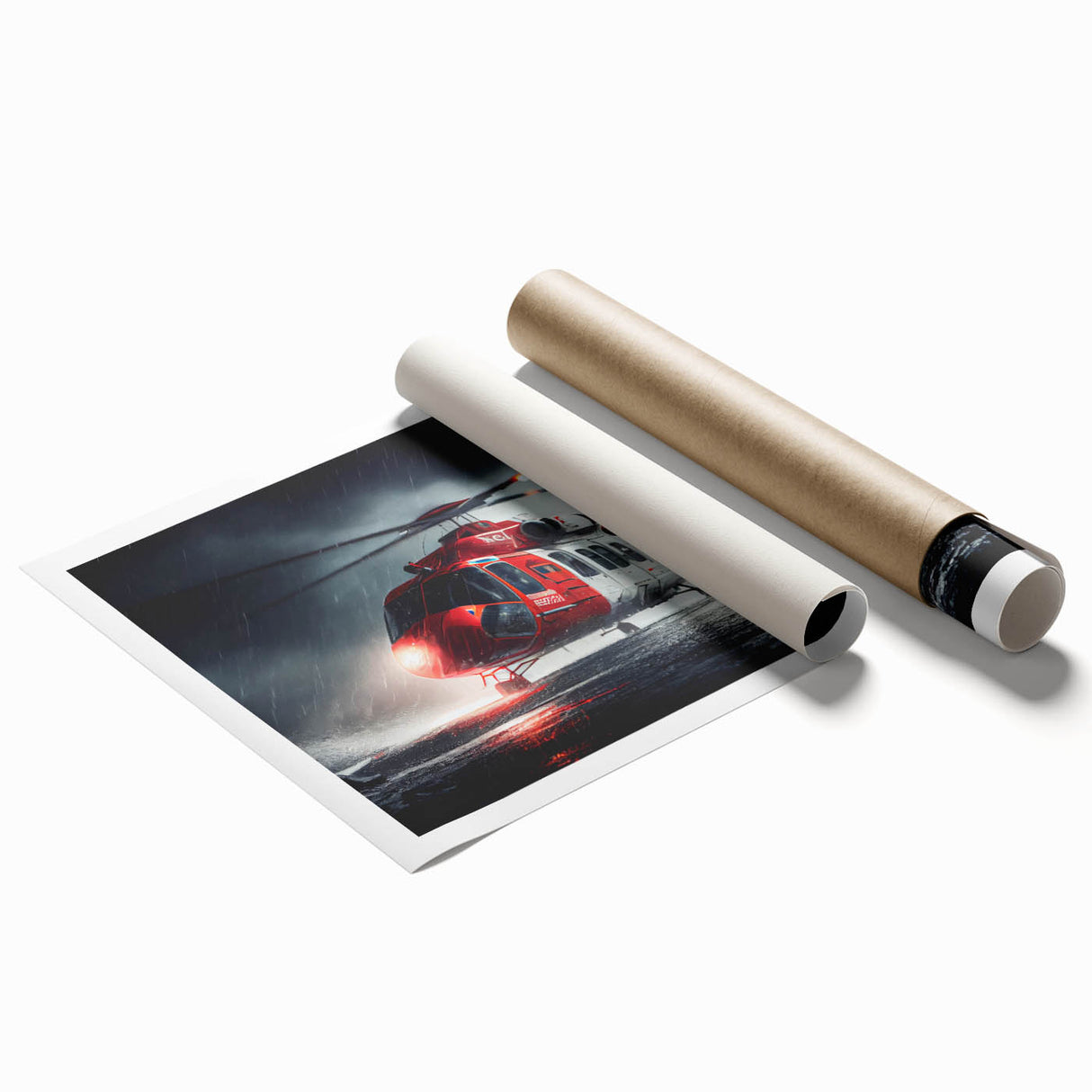 Extra large rolled print of a helicopter, rendered in muted grays and blues.