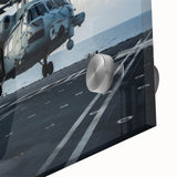 Mid-century modernist helicopter design in muted blue and gray on acrylic glass, ideal for dining room art.