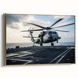 Framed canvas featuring a side view of a vintage black helicopter, ideal for bedroom wall art.