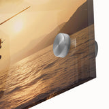 Mid-century modernist large abstract art print of a helicopter on acrylic glass, featuring cool gray tones.