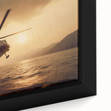 Framed canvas featuring a textured, colorful depiction of a helicopter on a black background.